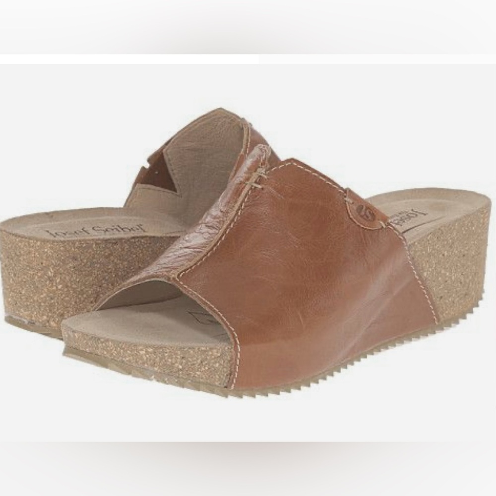 Josef Seibel Tan Leather Wedge Sandals Size 8.5